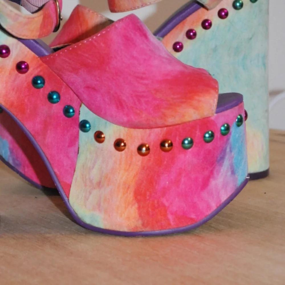YRU Multicolor Tie-Dye Platform Sandals with Jewel Studs